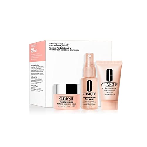 Clinique Moisture Surge Skincare Set, 100H Auto-Replenishing Hydrator 15 ml + Face Spray Thirsty Skin Relief 30 ml + Overnight Mask 30 ml