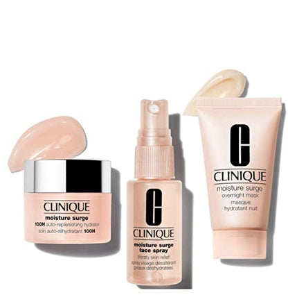 Clinique Moisture Surge Skincare Set, 100H Auto-Replenishing Hydrator 15 ml + Face Spray Thirsty Skin Relief 30 ml + Overnight Mask 30 ml