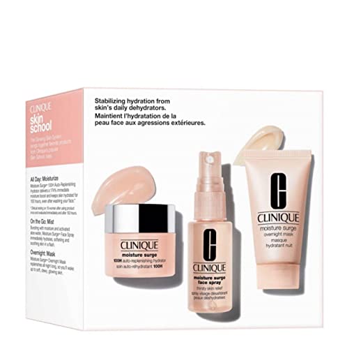 Clinique Moisture Surge Skincare Set, 100H Auto-Replenishing Hydrator 15 ml + Face Spray Thirsty Skin Relief 30 ml + Overnight Mask 30 ml