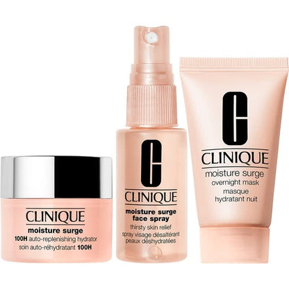 Clinique Moisture Surge Skincare Set, 100H Auto-Replenishing Hydrator 15 ml + Face Spray Thirsty Skin Relief 30 ml + Overnight Mask 30 ml