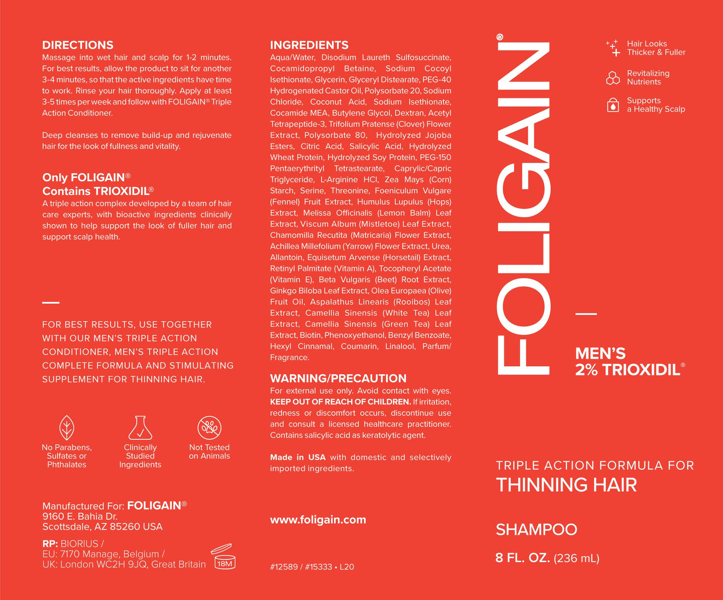 Foligain® Men's Anti-Hair Loss Shampoo 2% Trioxidil Protects Fine and Thinning Hair Natural Ingredients